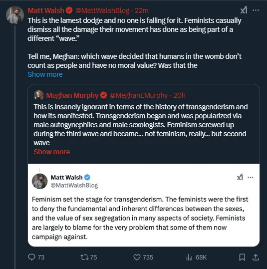 A screenshot of a Twitter thread showing Matt Walsh accusing feminists of dismissing their movement's damage as part of a…