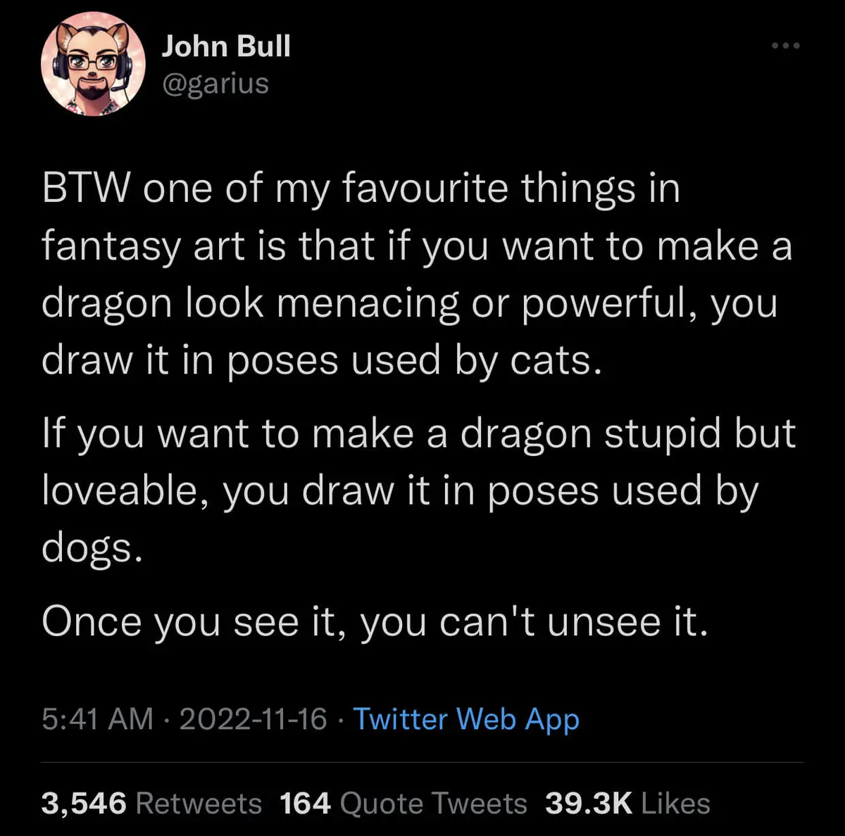 A screenshot of a Twitter post by user John Bull (@garius) that humorously explains how fantasy artists use cat and dog…