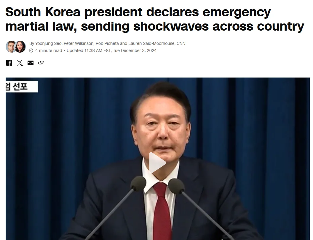 A screenshot of a CNN news article header showing a video thumbnail of South Korean President Yoon Suk Yeol speaking at a…