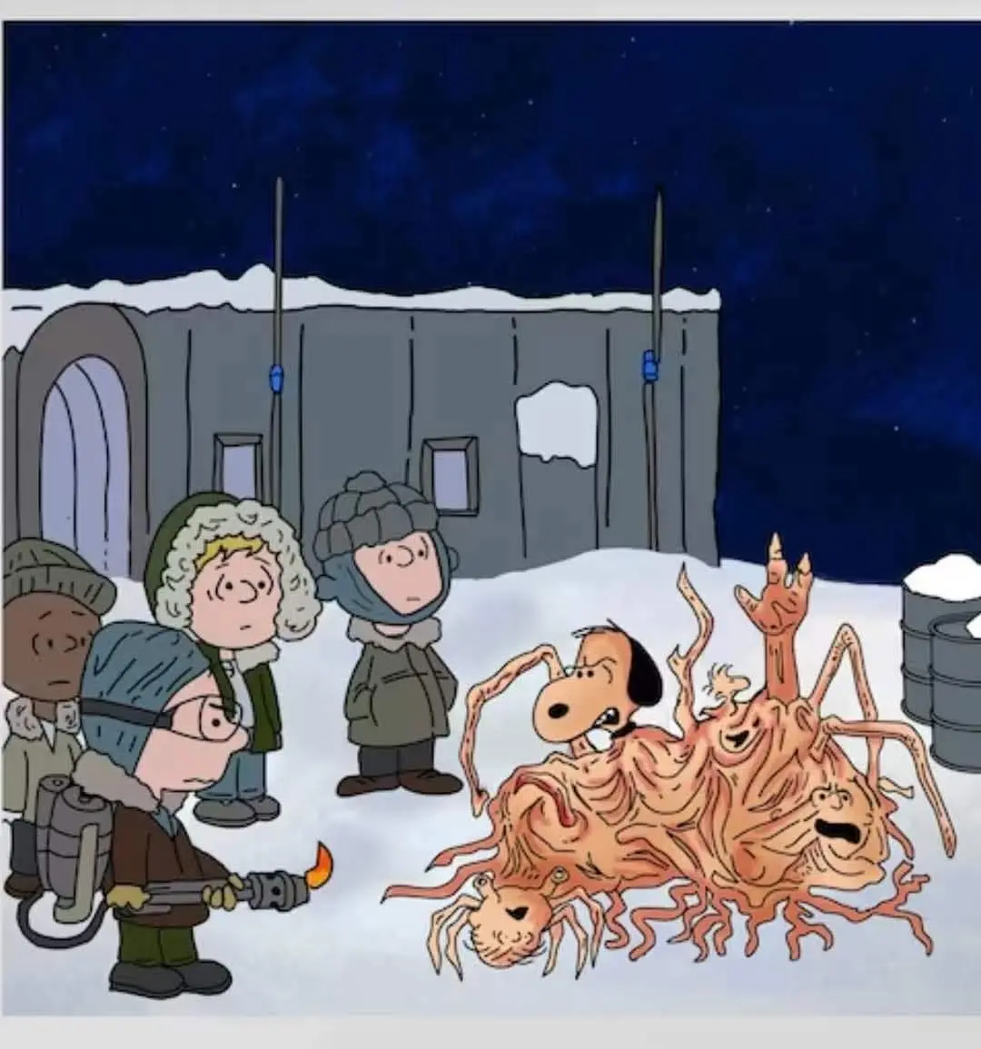 A cartoon scene shows four children in winter gear standing in snow outside a building at night. One child holds a…