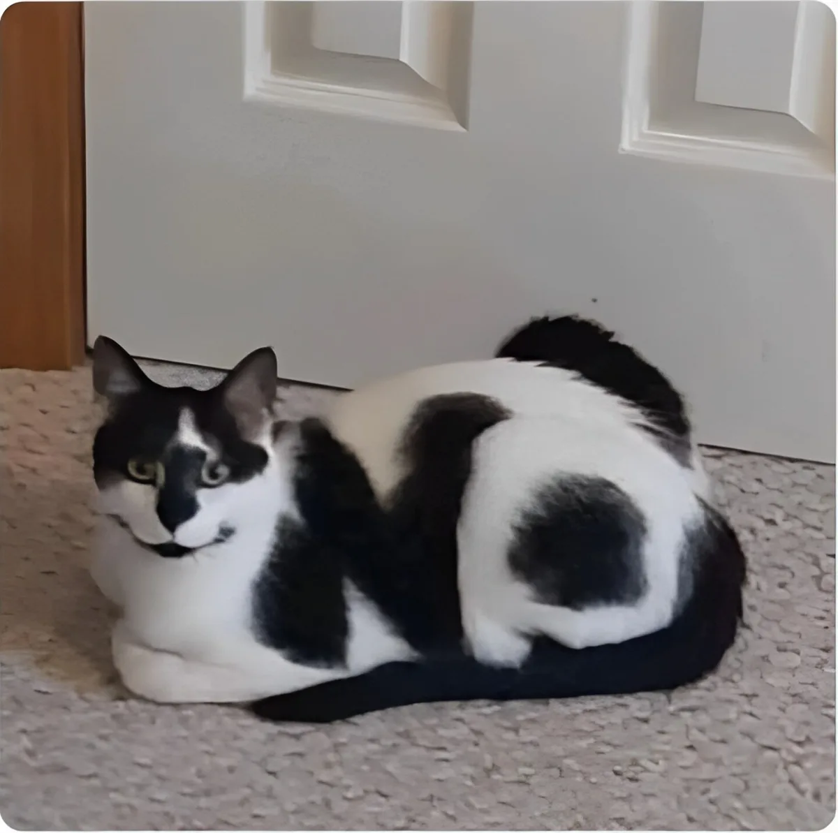 A black and white cat is curled up on a light-colored carpet in front of a white door, looking directly at the camera with a…