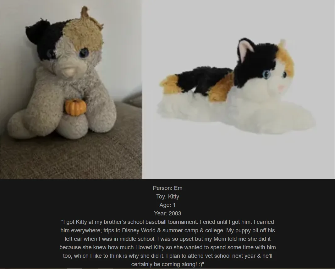 The image displays two photos of a calico plush cat toy named 'Kitty' with a torn left ear, shown side-by-side. The left…