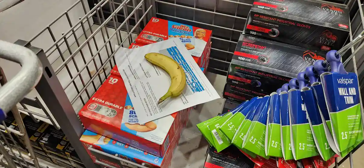 A single ripe banana rests atop a stack of Mr. Clean Magic Eraser boxes inside a metal shopping cart, surrounded by…