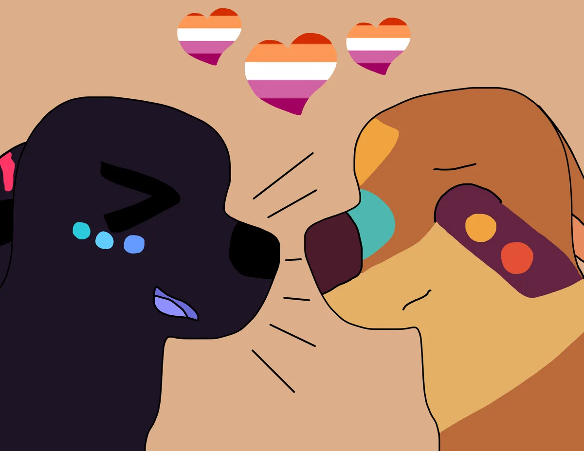 Two stylized cartoon dogs, one dark with blue tears and one light brown, are shown in a close, affectionate pose with three…