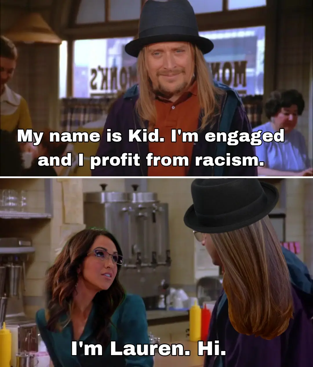 The top panel shows a man with long blonde hair and a black hat, smiling while text reads 'My name is Kid. I'm engaged and I…