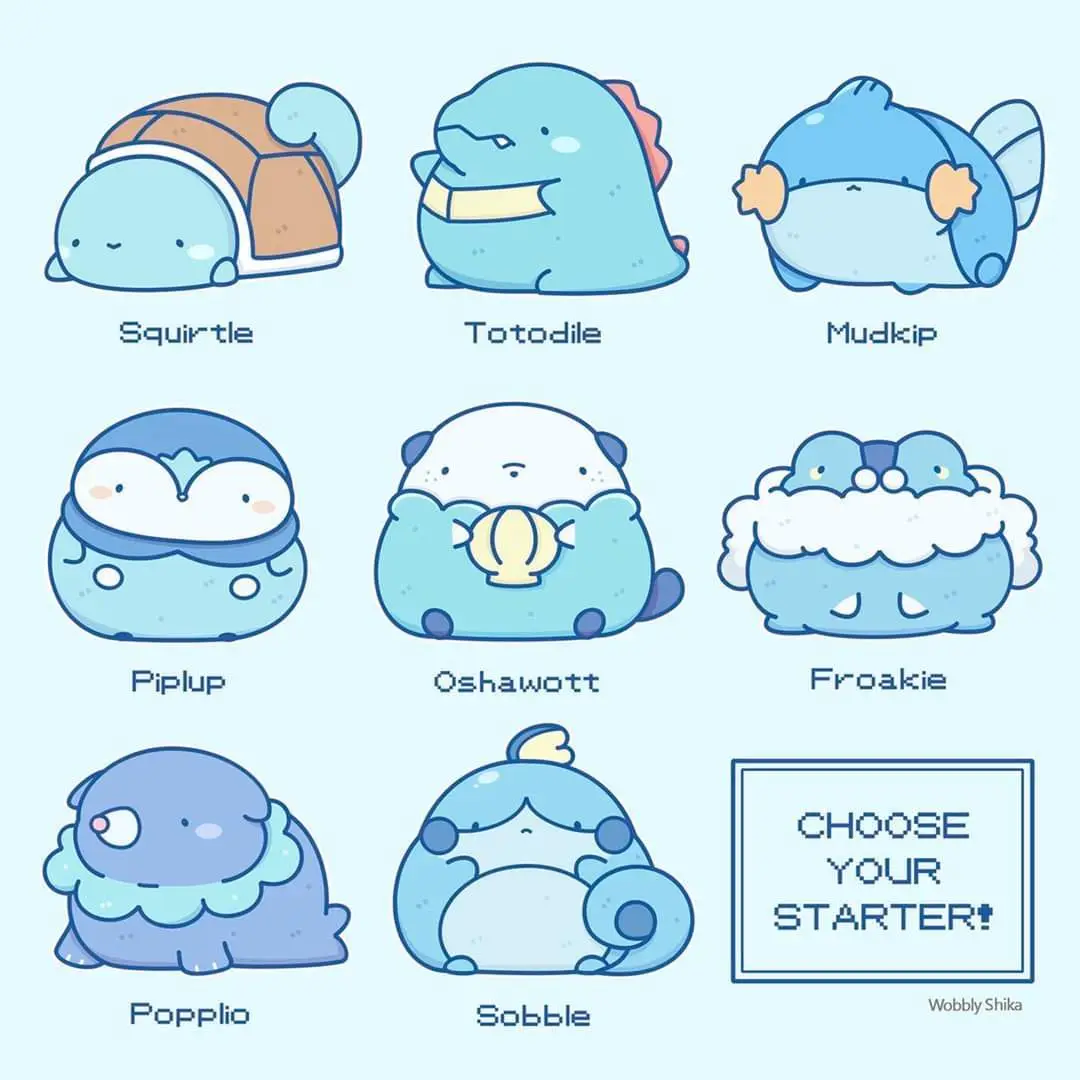 A grid of nine cute, chibi-style Pokémon water-type starters—Squirtle, Totodile, Mudkip, Piplup, Oshawott, Froakie, Popplio…