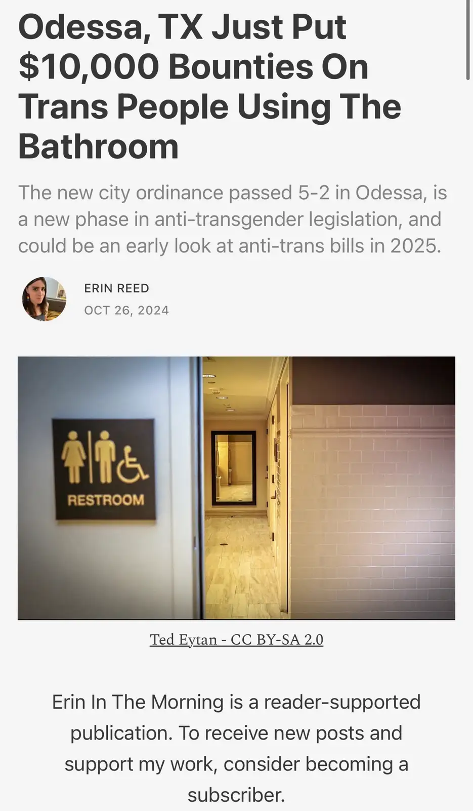 In Odessa, TX, you can now take legal action against transgender individuals for bathroom use.