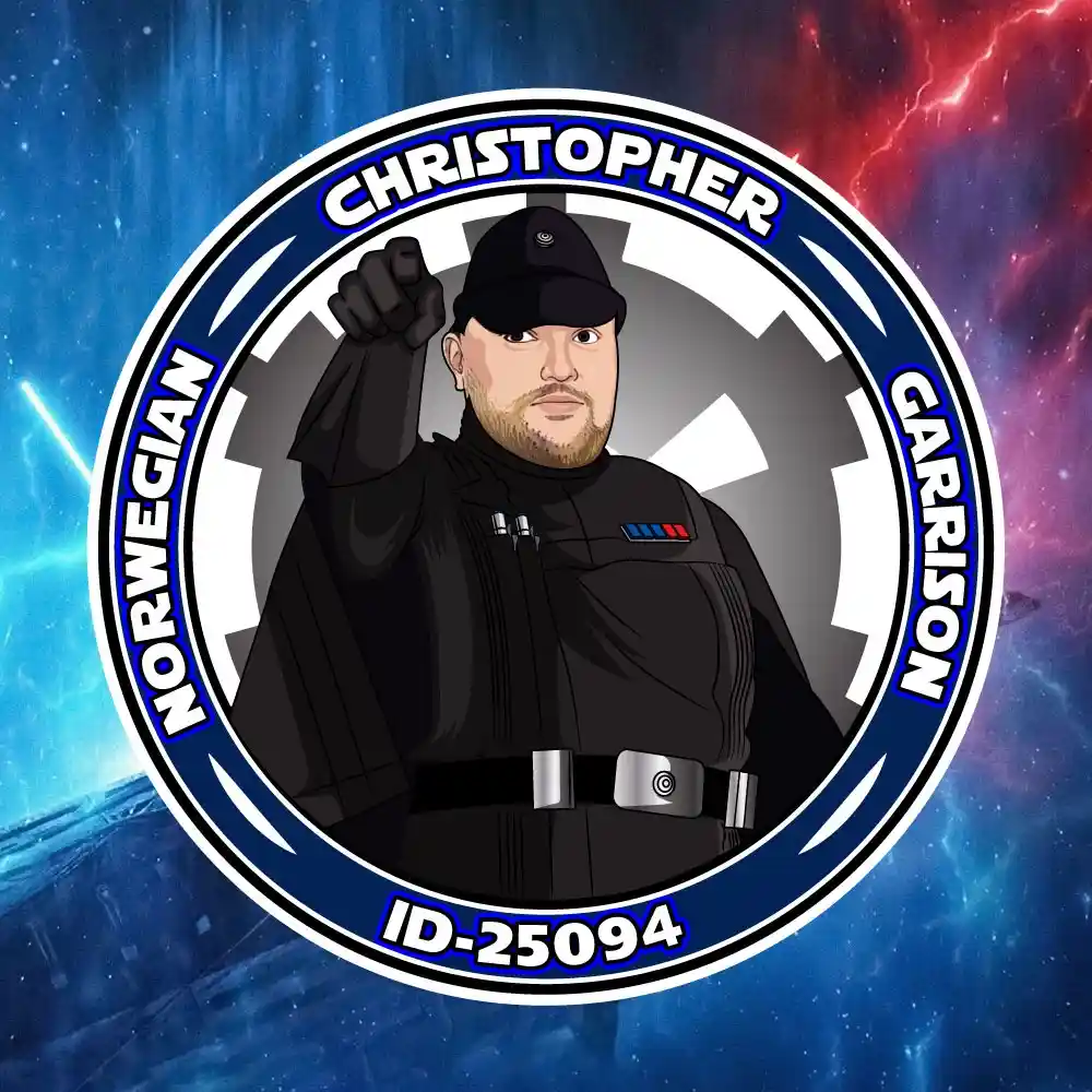 A digitally created circular badge features a cartoon-style man in black Imperial stormtrooper-like attire with a raised…