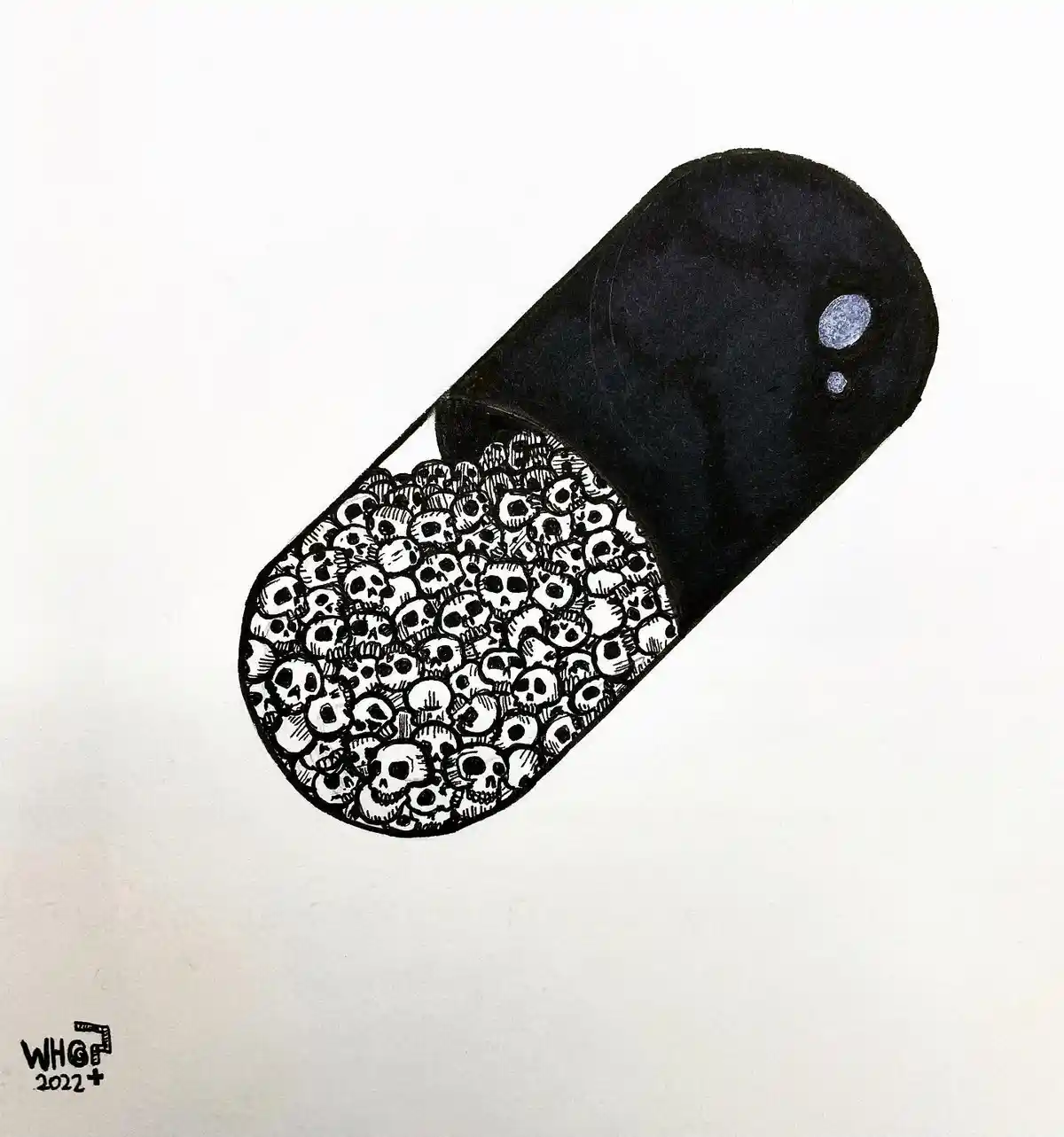 a hand-drawn illustration of a black, capsule-shaped pill with a transparent half revealing a dense filling of tiny…