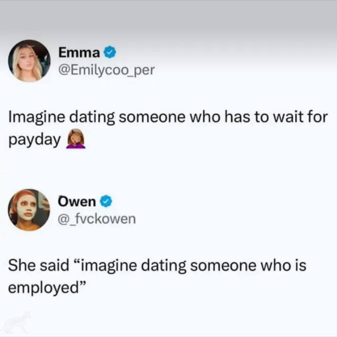 The image shows two Twitter posts. The first from Emma (@Emilycoo_per) says 'Imagine dating someone who has to wait for…