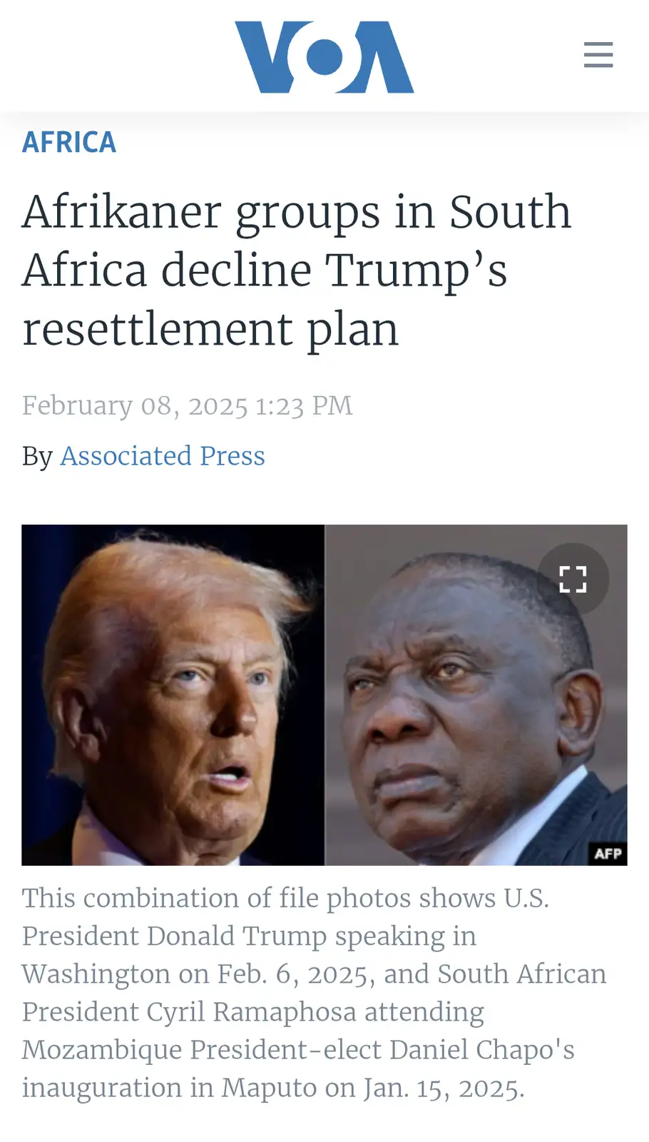 A screenshot of a VOA news article from February 8, 2025, featuring a side-by-side photo of Donald Trump and Cyril…