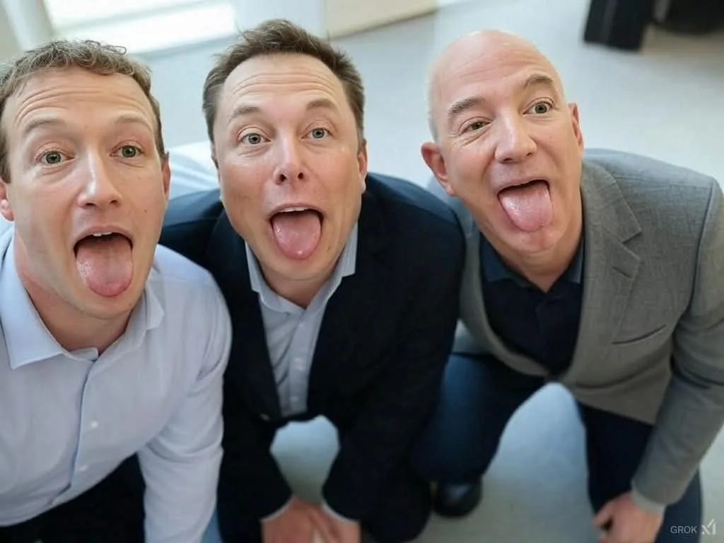 Three men, identified as Mark Zuckerberg, Elon Musk, and Jeff Bezos, are crouched close together in a selfie-style photo…