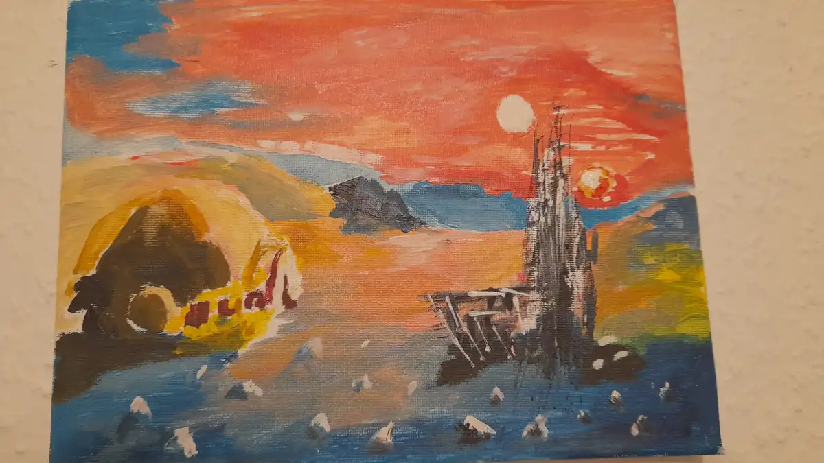 A hand-painted canvas depicts a surreal landscape with a fiery orange and red sky, a stylized sun, and a dark, spiky tower…