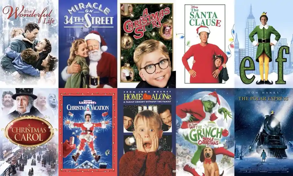 A collage of ten classic Christmas movie posters arranged in a 2x5 grid, featuring 'It's a Wonderful Life,' 'Miracle on 34th…