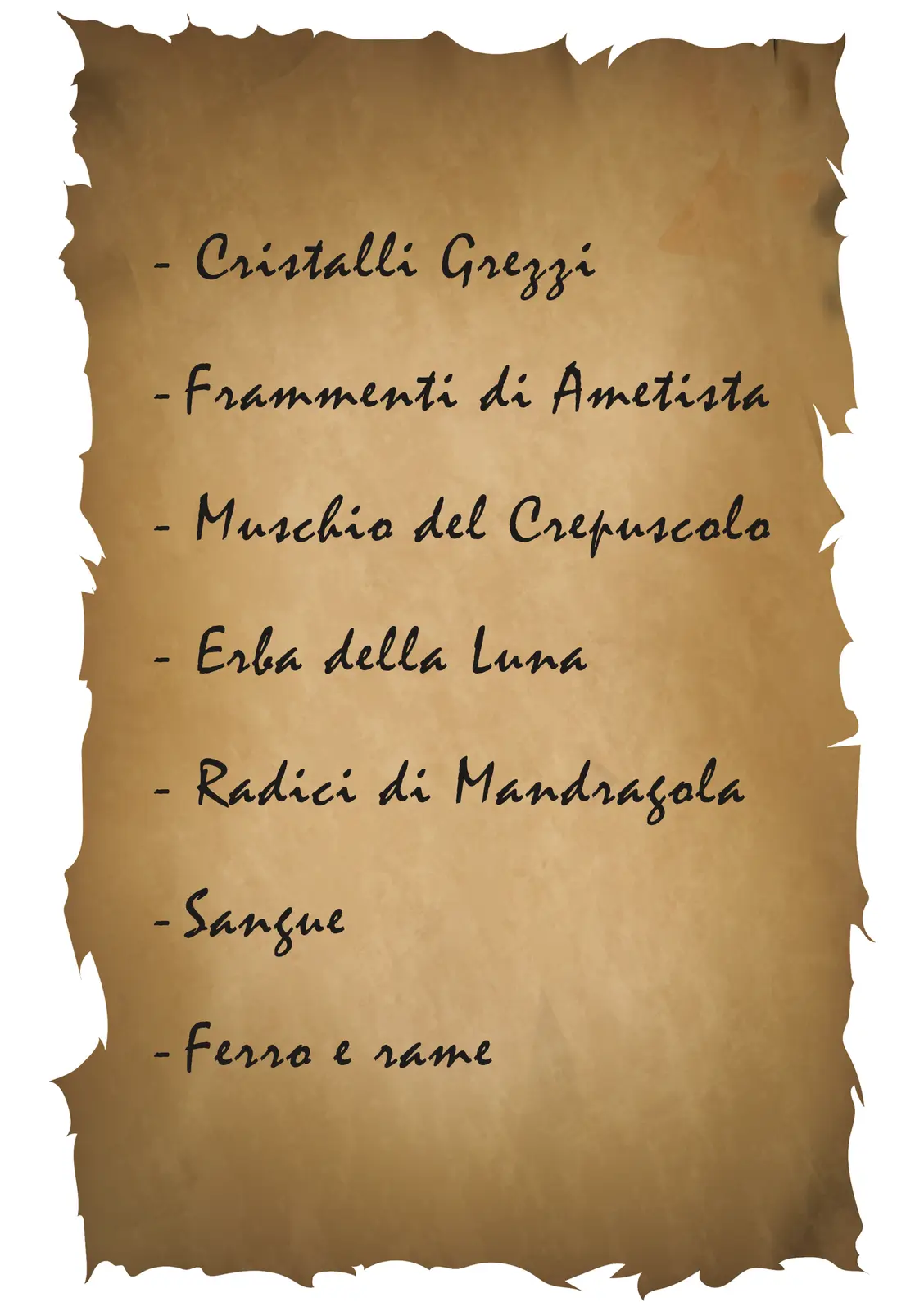 An image of a weathered, parchment-style scroll with a list of seven Italian phrases written in black cursive script. The…