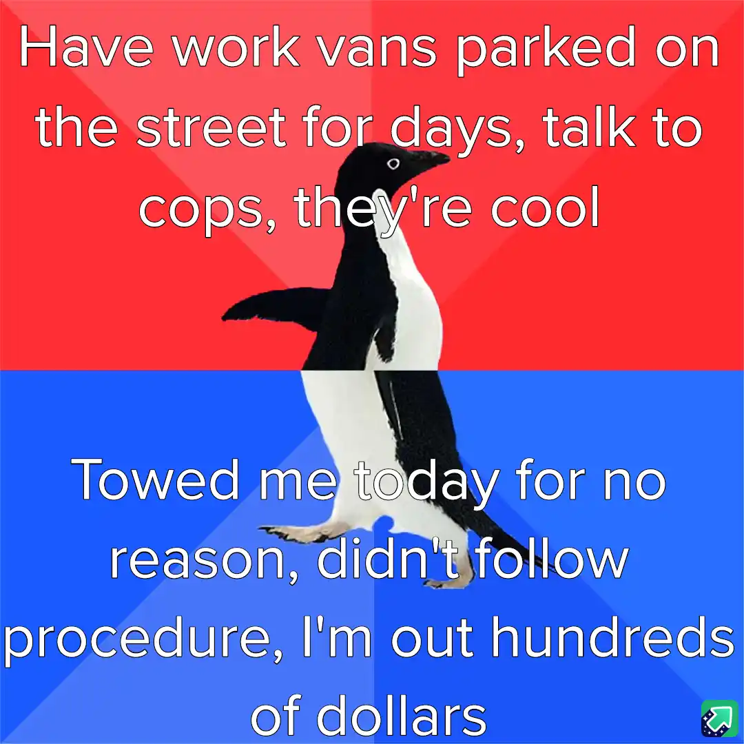 A penguin stands centered against a red and blue background, split horizontally. White text overlays the top red section…