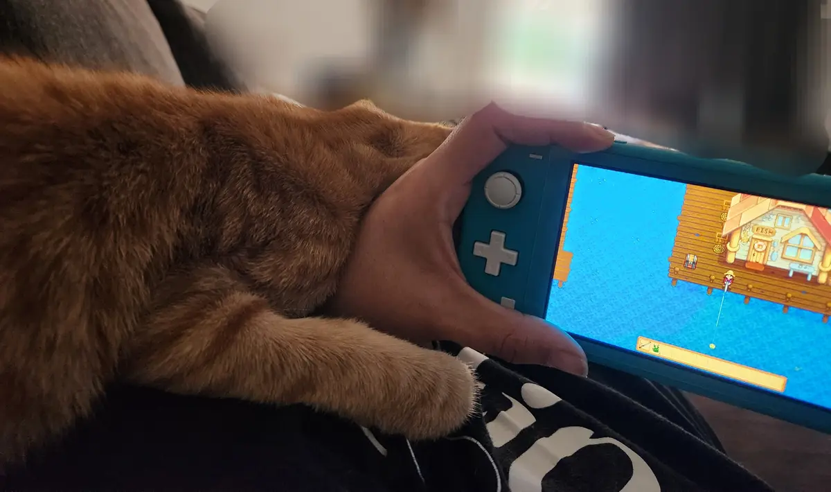 A ginger cat is curled up and resting its head and front paw on a person's hand, which is holding a blue Nintendo Switch…