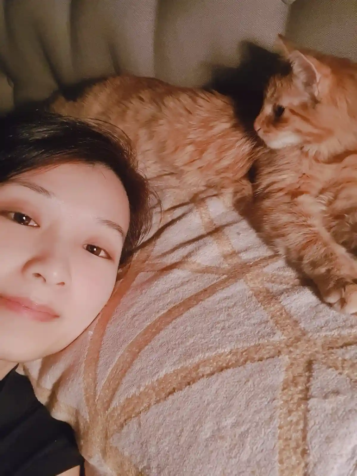 A selfie shows a person lying on a patterned blanket with a fluffy orange tabby cat curled up beside them. The person has a…
