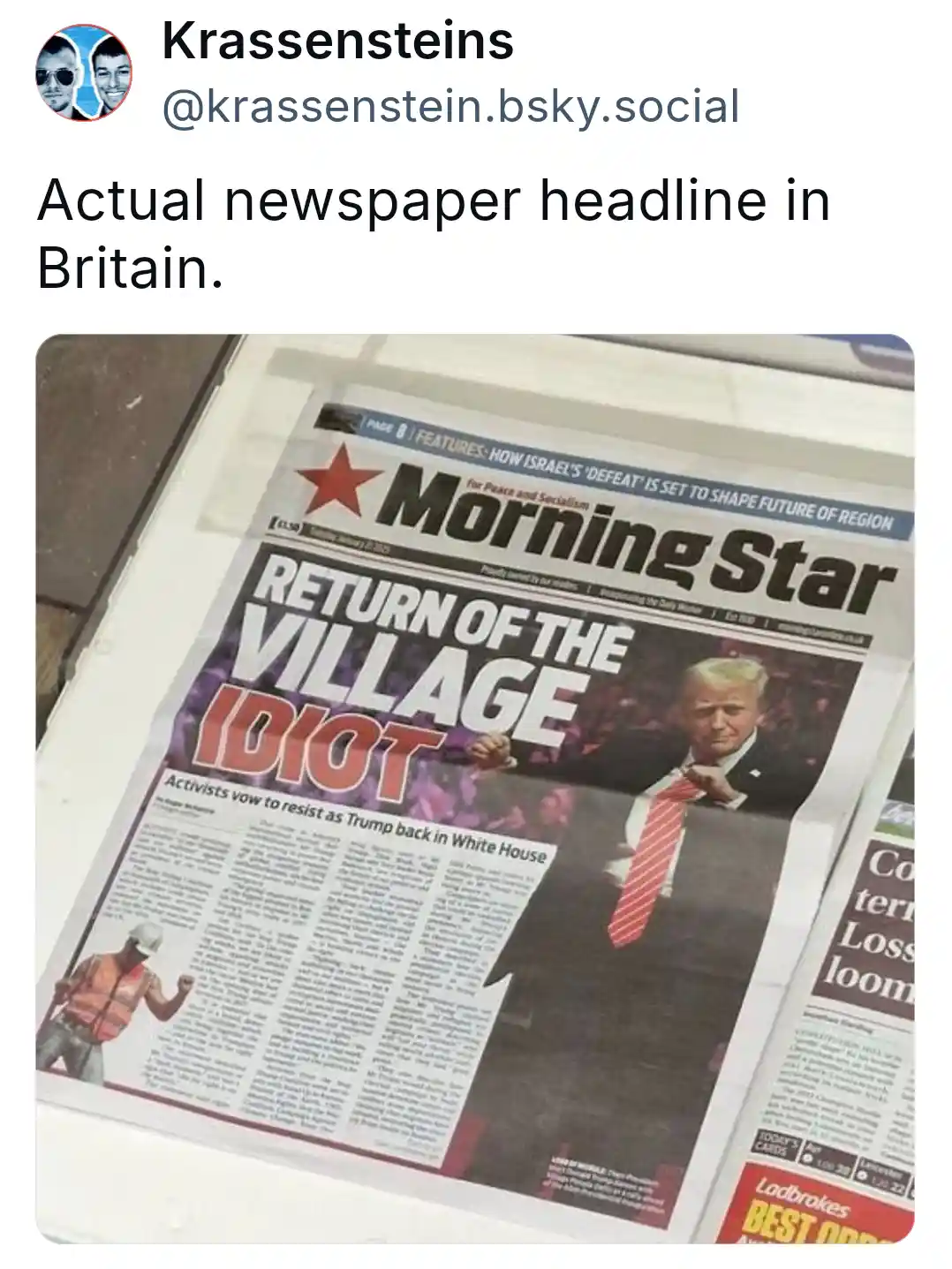 A photo of the 'Morning Star' newspaper front page, featuring a large headline reading 'RETURN OF THE VILLAGE IDIOT' above a…