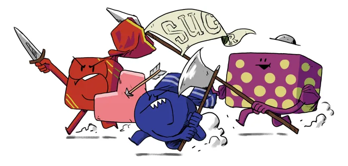 A cartoon illustration shows three anthropomorphic sugar cubes in a chaotic battle. One red cube wields a dagger, another…