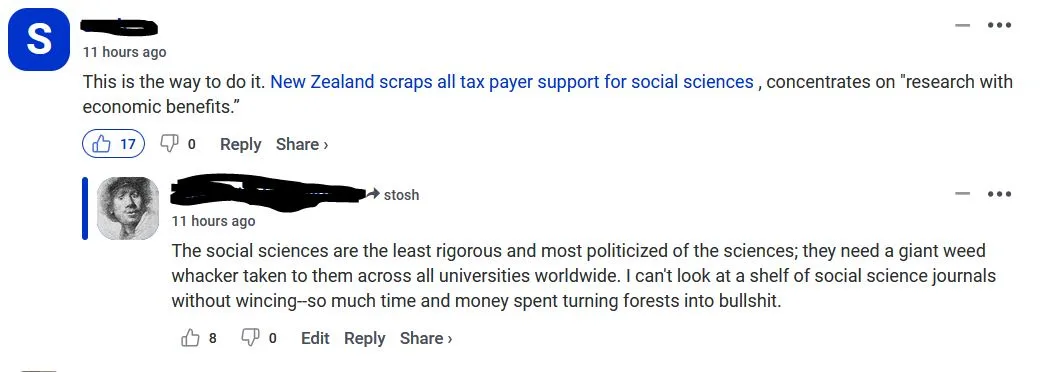 A screenshot of a Reddit comment thread shows a user praising New Zealand's decision to cut funding for social sciences…