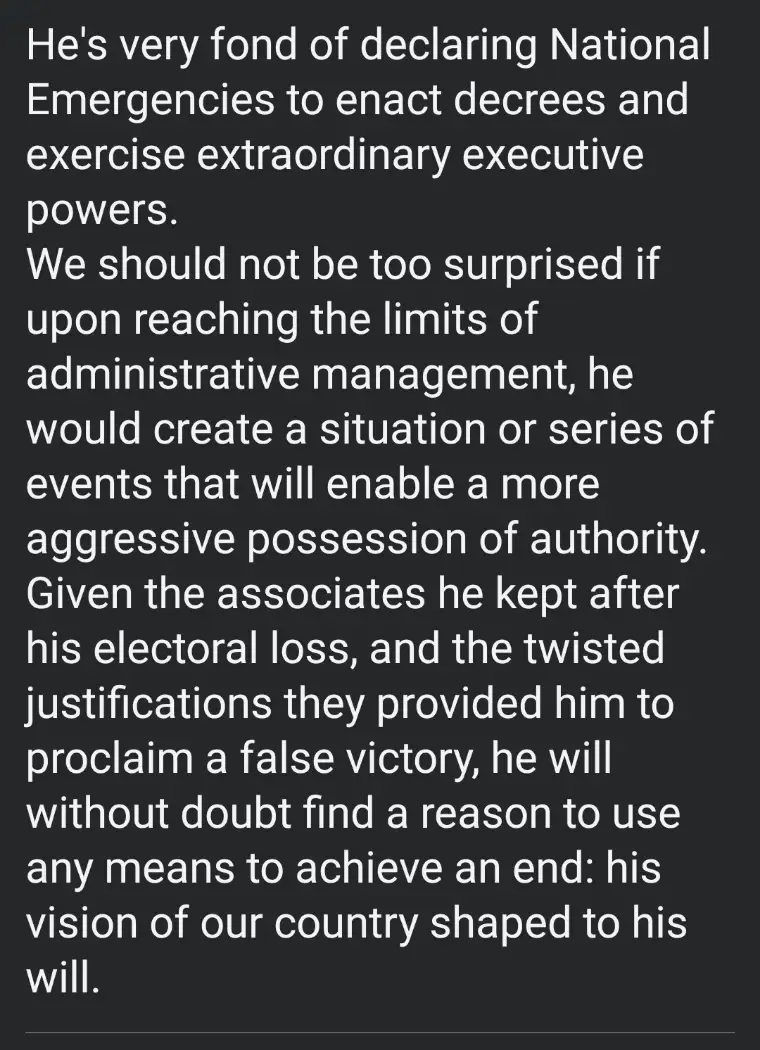 The image displays a solid dark gray background with white text that reads a critical political analysis about a figure's…