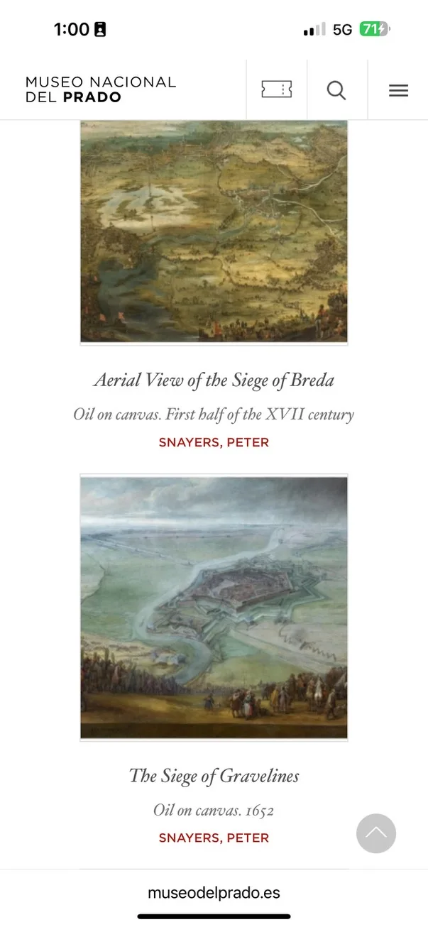 A screenshot from the Prado Museum app displays two paintings by Peter Snayers: 'Aerial View of the Siege of Breda' (early…