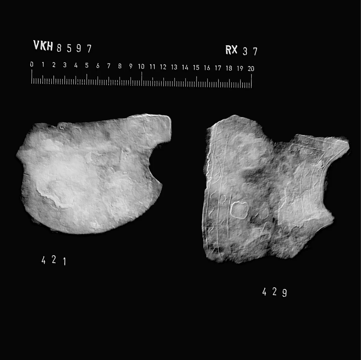 A black-and-white archaeological photograph displays two irregularly shaped stone fragments side-by-side against a dark…