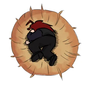 A cartoon character with red hair and black clothing is curled up inside a large, spiky, circular object resembling a…