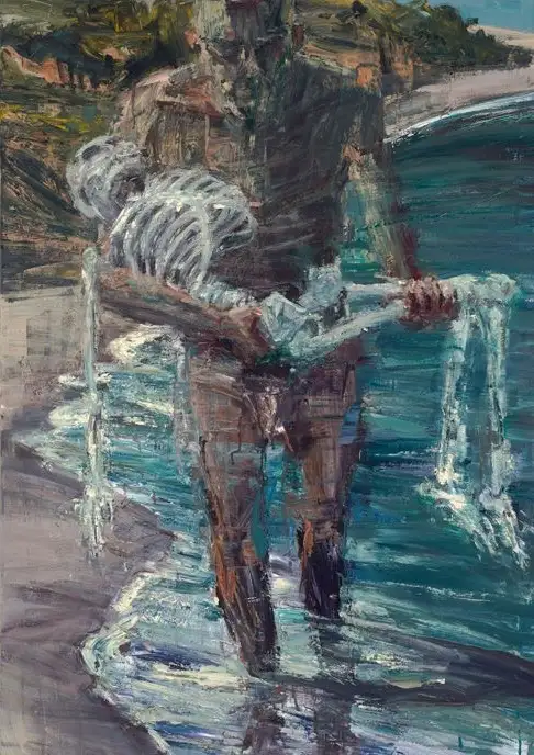 A painting depicts a dark, muscular figure carrying a human skeleton across a beach, with ocean waves and cliffs in the…