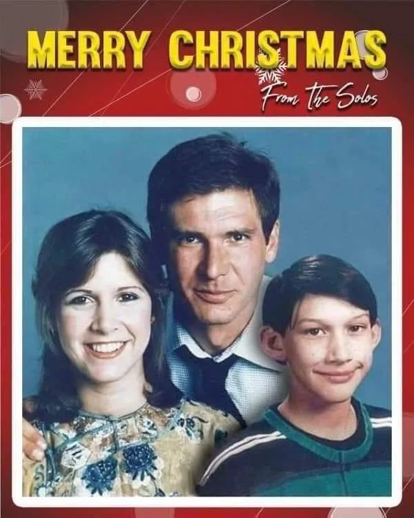 A vintage-style Christmas card features a family photo of three people: a woman on the left, a man in the center, and a…