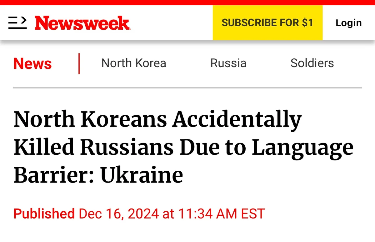 A screenshot of a Newsweek webpage shows a headline that reads 'North Koreans Accidentally Killed Russians Due to Language…