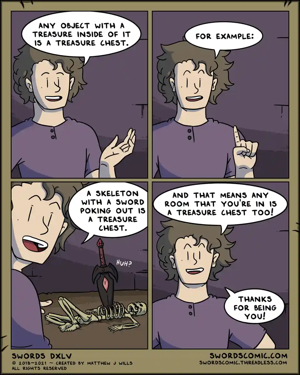 A four-panel comic strip shows a man defining a treasure chest as any object containing treasure. He gives an example of a…