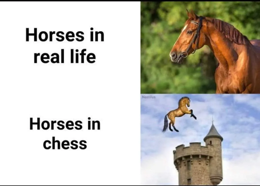 The image is a two-panel meme. The top panel shows a calm, real-life brown horse with a bridle against a green background…