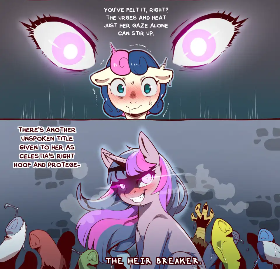 The image is a two-panel comic featuring characters from My Little Pony. The top panel shows a nervous-looking pony with…