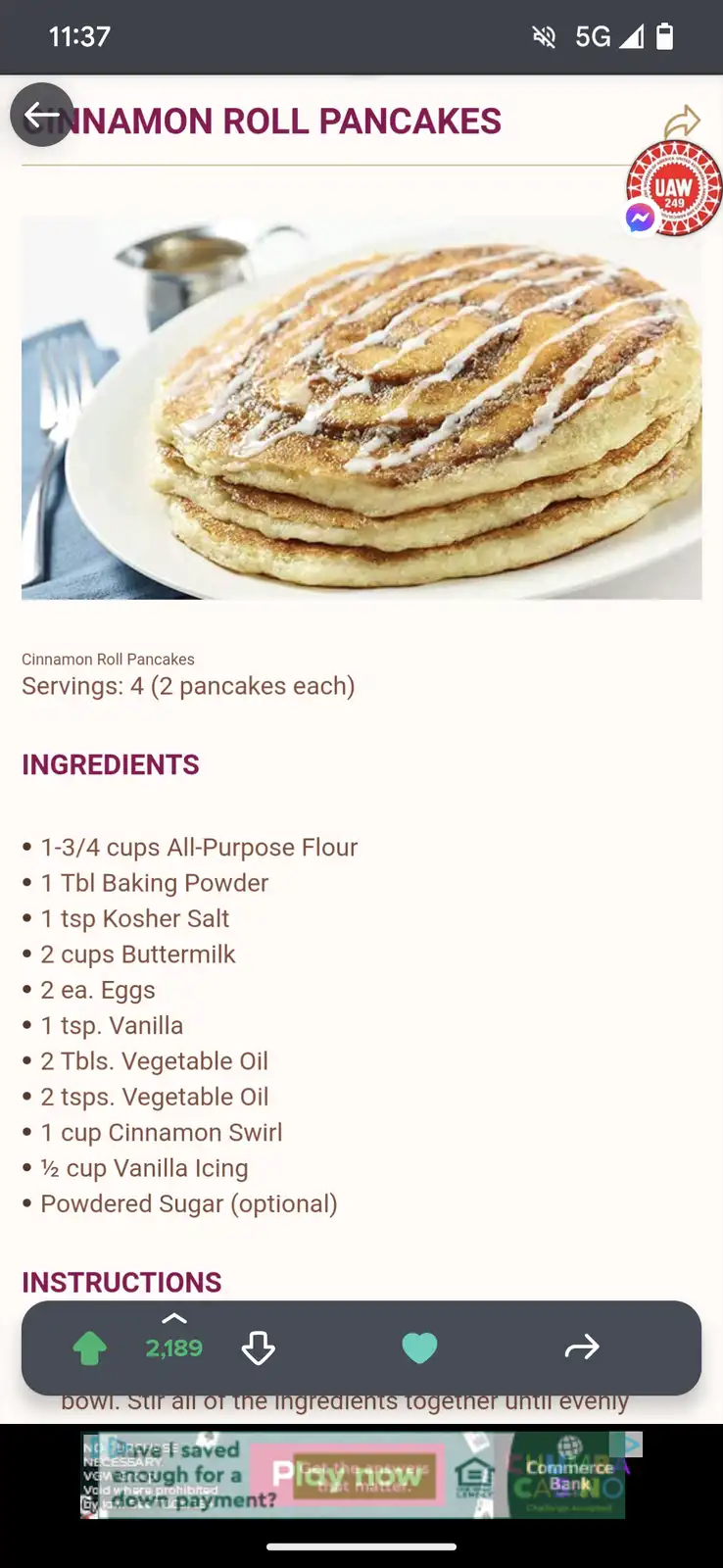 A screenshot of a recipe app showing 'Cinnamon Roll Pancakes' with a photo of a stack of pancakes drizzled with white icing…