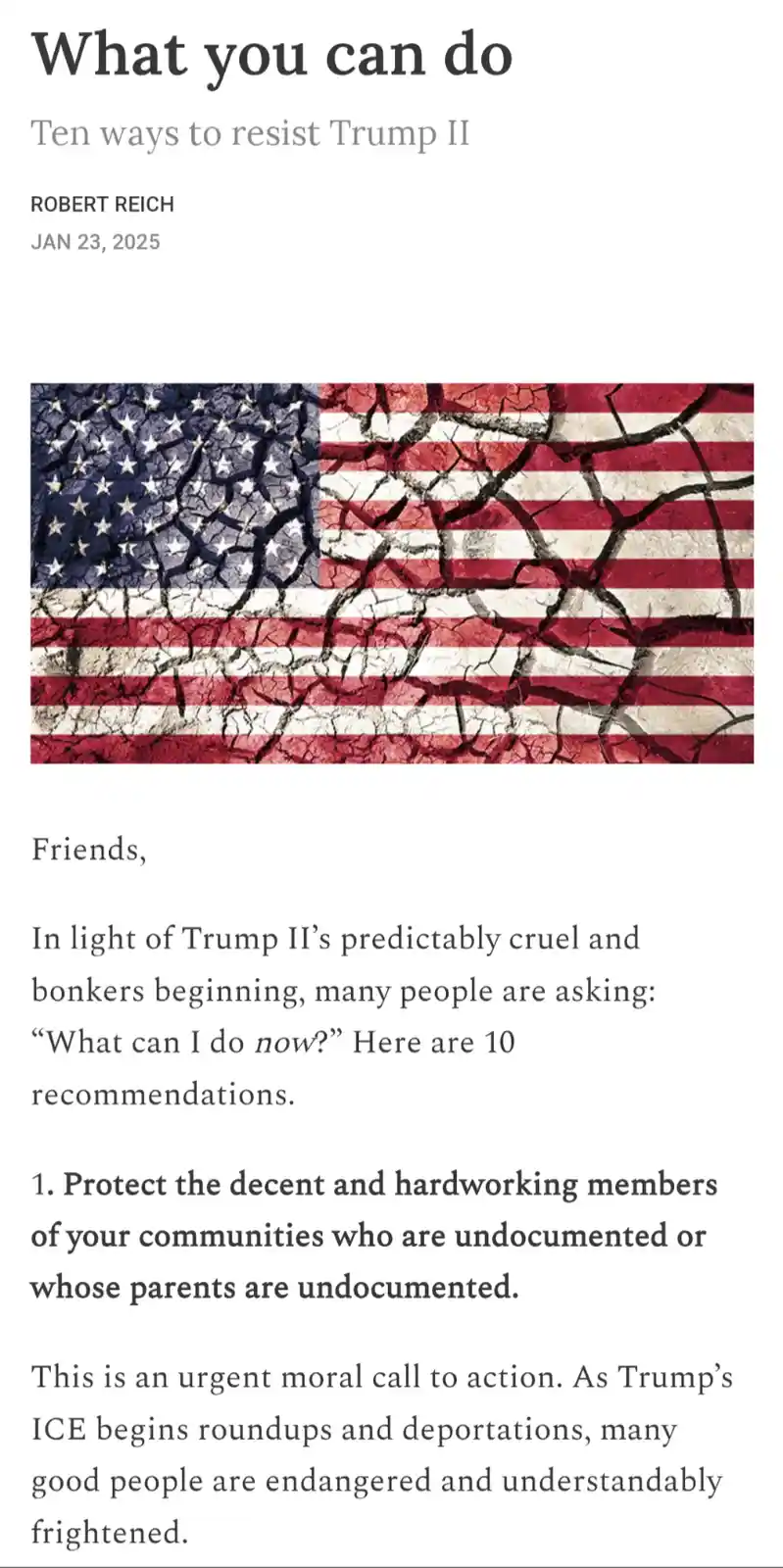 The image displays a screenshot of an article titled 'What you can do: Ten ways to resist Trump II' by Robert Reich dated…