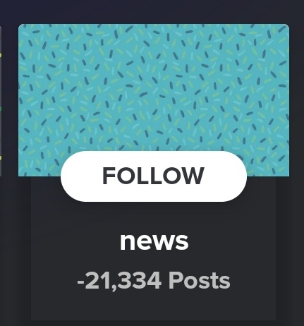 A screenshot of a social media profile page with a teal background pattern, a white 'FOLLOW' button, the username 'news'…