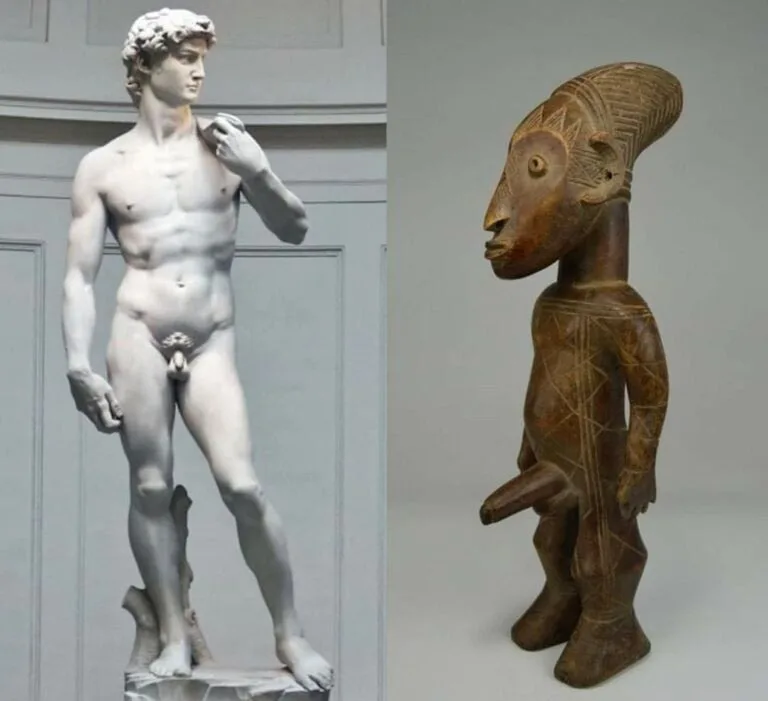 The image displays two statues side by side: on the left, Michelangelo's iconic marble statue of David, a nude male figure…