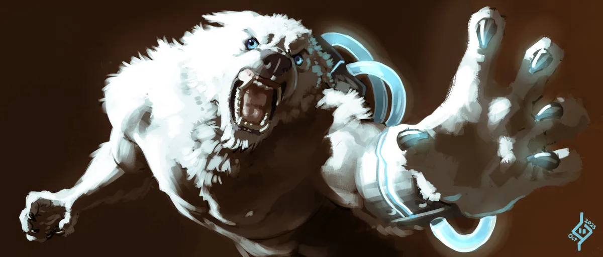 A digitally painted, muscular white bear with glowing blue eyes and claws, roaring aggressively while wearing a futuristic…