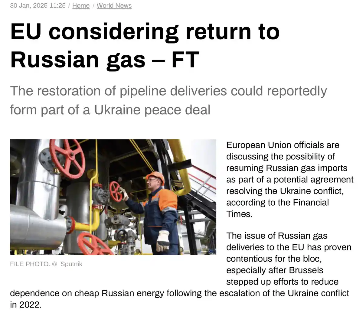 A news article screenshot from the Financial Times dated January 30, 2025, with the headline 'EU considering return to…