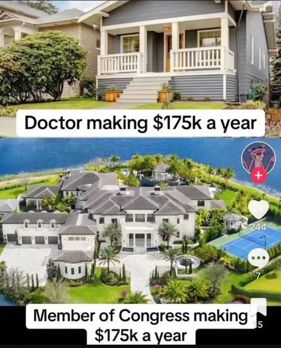 The image is split into two parts: the top shows a modest gray house with a porch and lawn, labeled 'Doctor making $175k a…