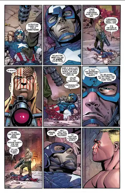 A comic book panel sequence featuring Captain America lying defeated on the ground while a muscular man with an American…