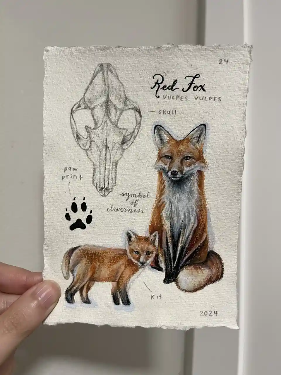 A hand holds a textured paper artwork featuring a detailed watercolor painting of an adult red fox and a smaller fox kit. To…