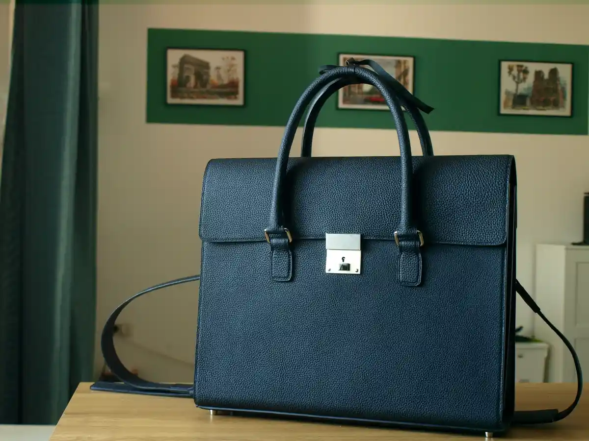 A dark blue textured leather briefcase-style bag with silver hardware sits on a wooden table. The background shows a green…