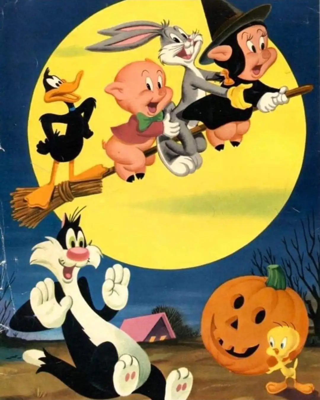 A classic Looney Tunes Halloween illustration shows several characters: Daffy Duck, Bugs Bunny, Porky Pig, and a witch…