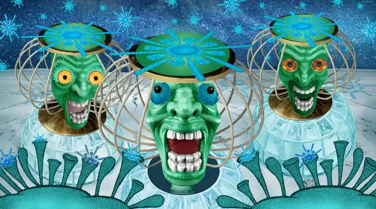 Three green, screaming alien heads with orange or blue eyes are encased in ice and wire cages against a snowy, starry blue…
