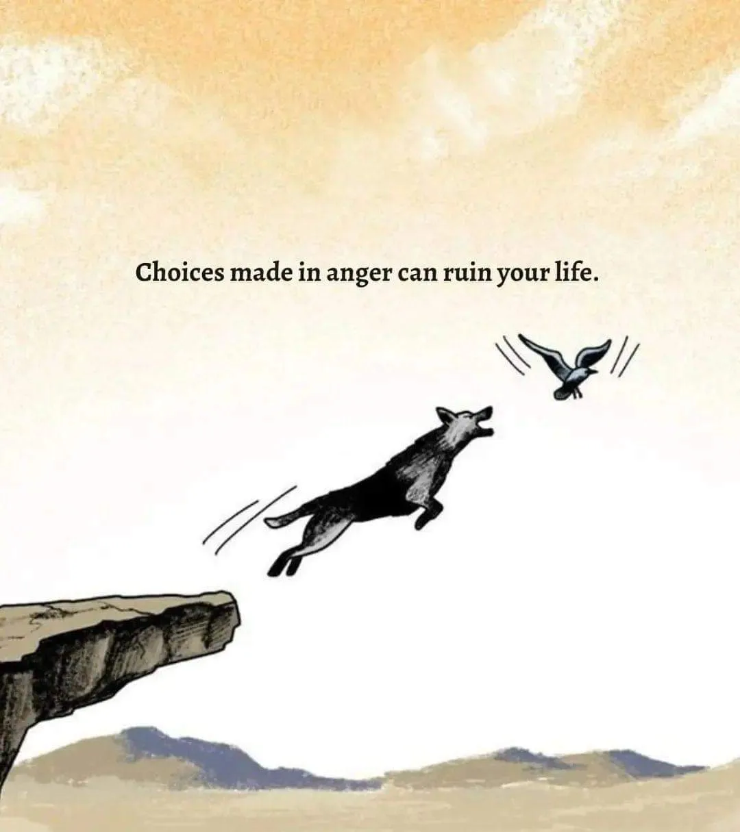 A black-and-white illustrated image shows a dog leaping off a cliff toward a bird in flight, with the text 'Choices made in…