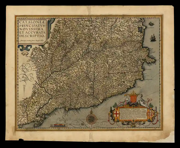 An antique, highly detailed map of Catalonia, titled 'Cataloniae Principatus Novissima Et Accurata Descriptio,' showing…