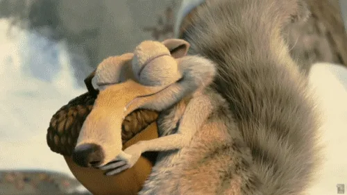 The image shows a sequence of six frames featuring the animated character Scrat from 'Ice Age' holding an acorn tightly…